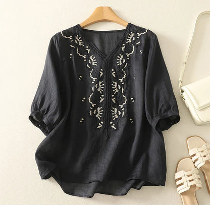 Relaxed Embroidered V-Neck Blouse with Artisan Detailing