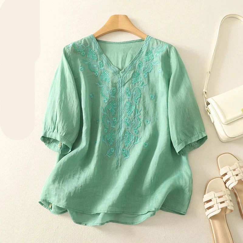 Relaxed Embroidered V-Neck Blouse with Artisan Detailing