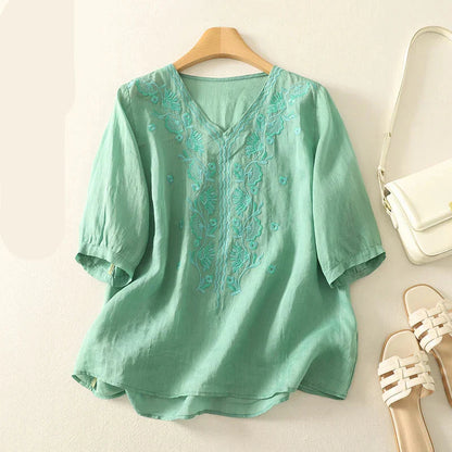 Relaxed Embroidered V-Neck Blouse with Artisan Detailing