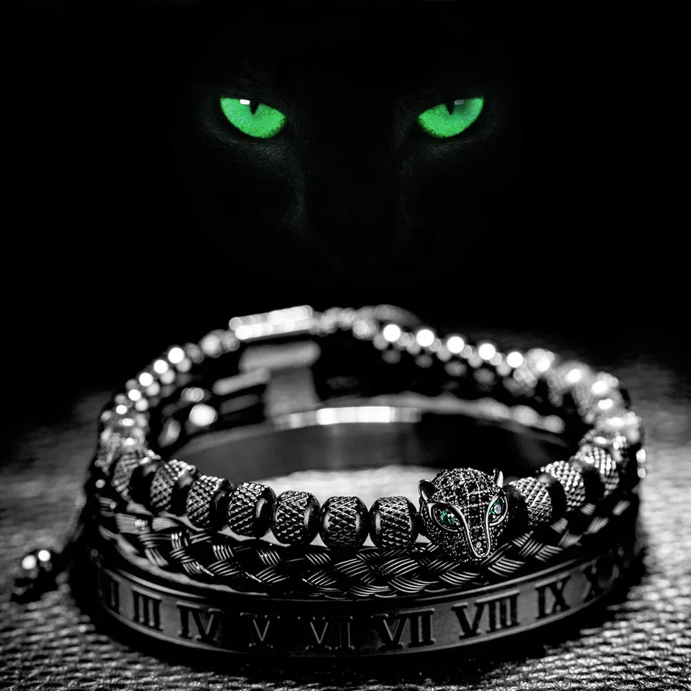 Oscar Panther Head Jeweled Cuff Bracelet Set | Textured Braided Beaded Bracelet