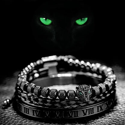 Oscar Panther Head Jeweled Cuff Bracelet Set | Textured Braided Beaded Bracelet