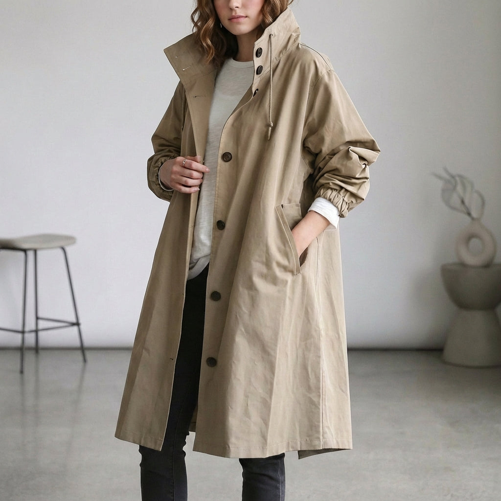 Arline Relaxed Waterproof Trench Coat with Hooded High Collar and Ruched Cuffs