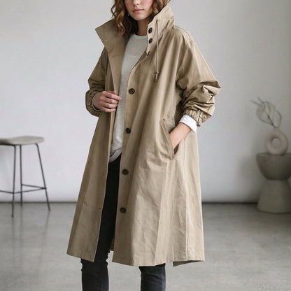 Arline Relaxed Waterproof Trench Coat with Hooded High Collar and Ruched Cuffs