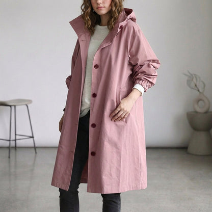Arline Relaxed Waterproof Trench Coat with Hooded High Collar and Ruched Cuffs