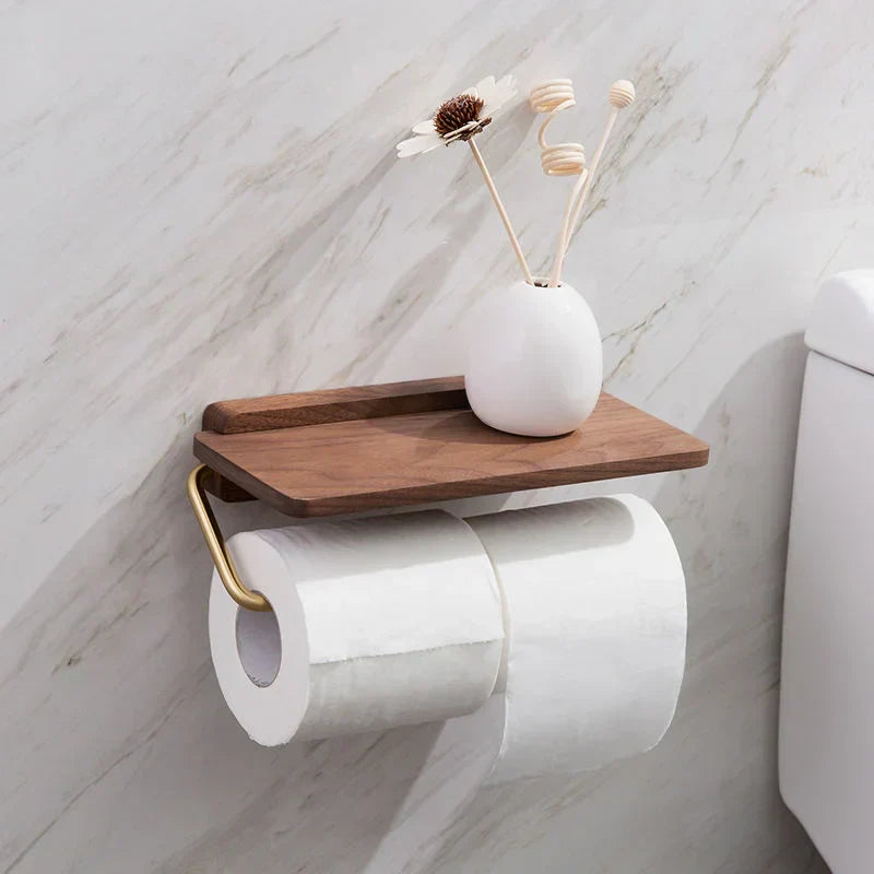 Modern Walnut and Brass Toilet Roll Holder With Integrated Shelf
