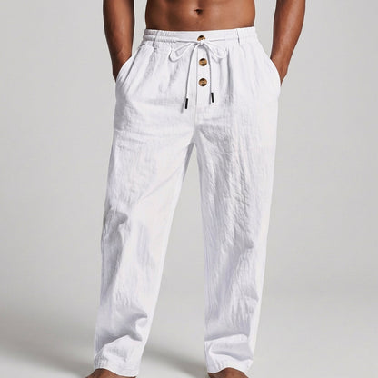 Wide-Leg Drawstring Trousers with Textured Fabric and Button Detail
