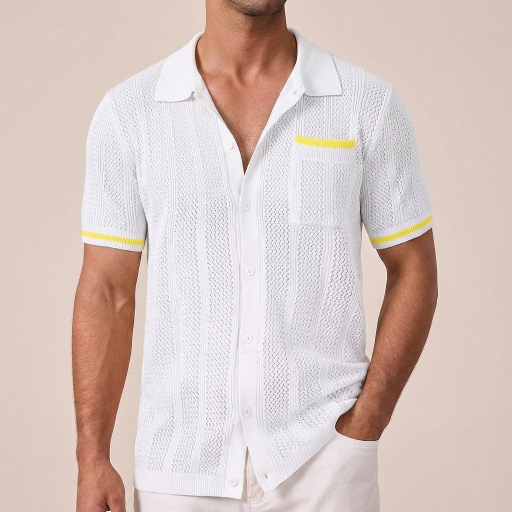 Ryker Relaxed Knit Polo with Textured Stripe and Contrasting Trim