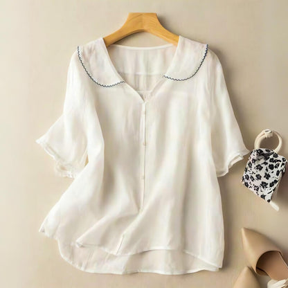 Relaxed Button-Up Blouse with Peter Pan Collar and Ruffle Cuffs