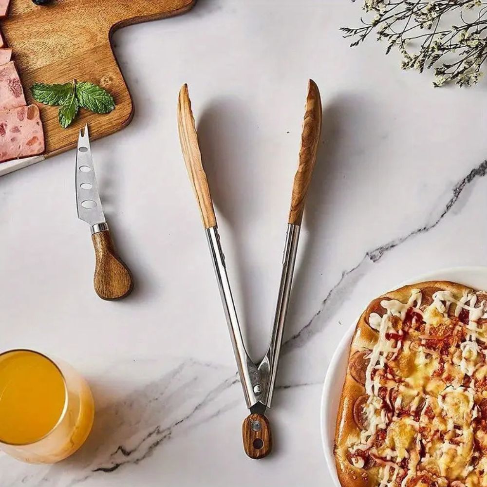 Modern Wood Handle Cooking Tongs With Stainless Steel Body