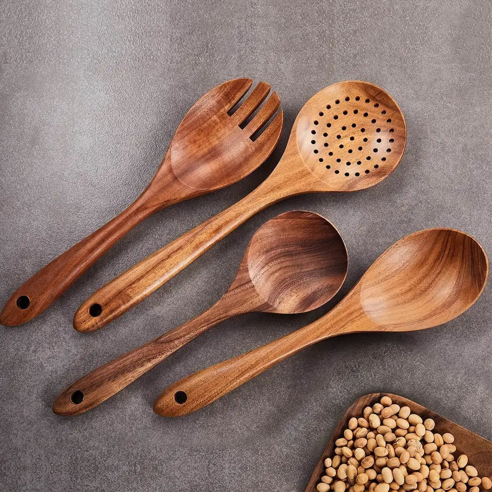 Rustic Wooden Kitchen Utensil Set with Holder