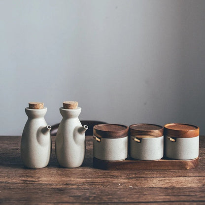 Speckled Ceramic Jar Set With Cork Stoppers
