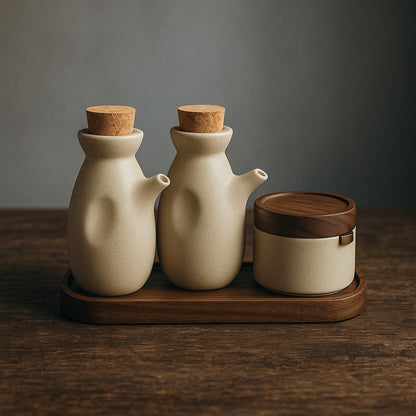 Speckled Ceramic Jar Set With Cork Stoppers