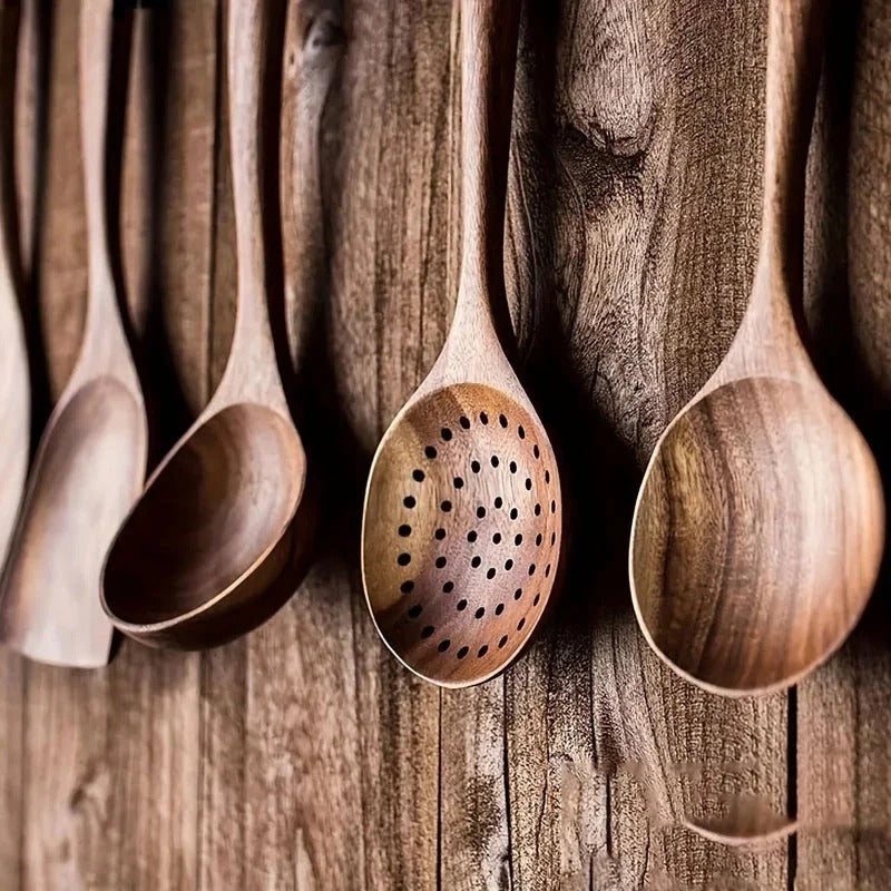Rustic Wooden Utensil Set With Hanging Holes