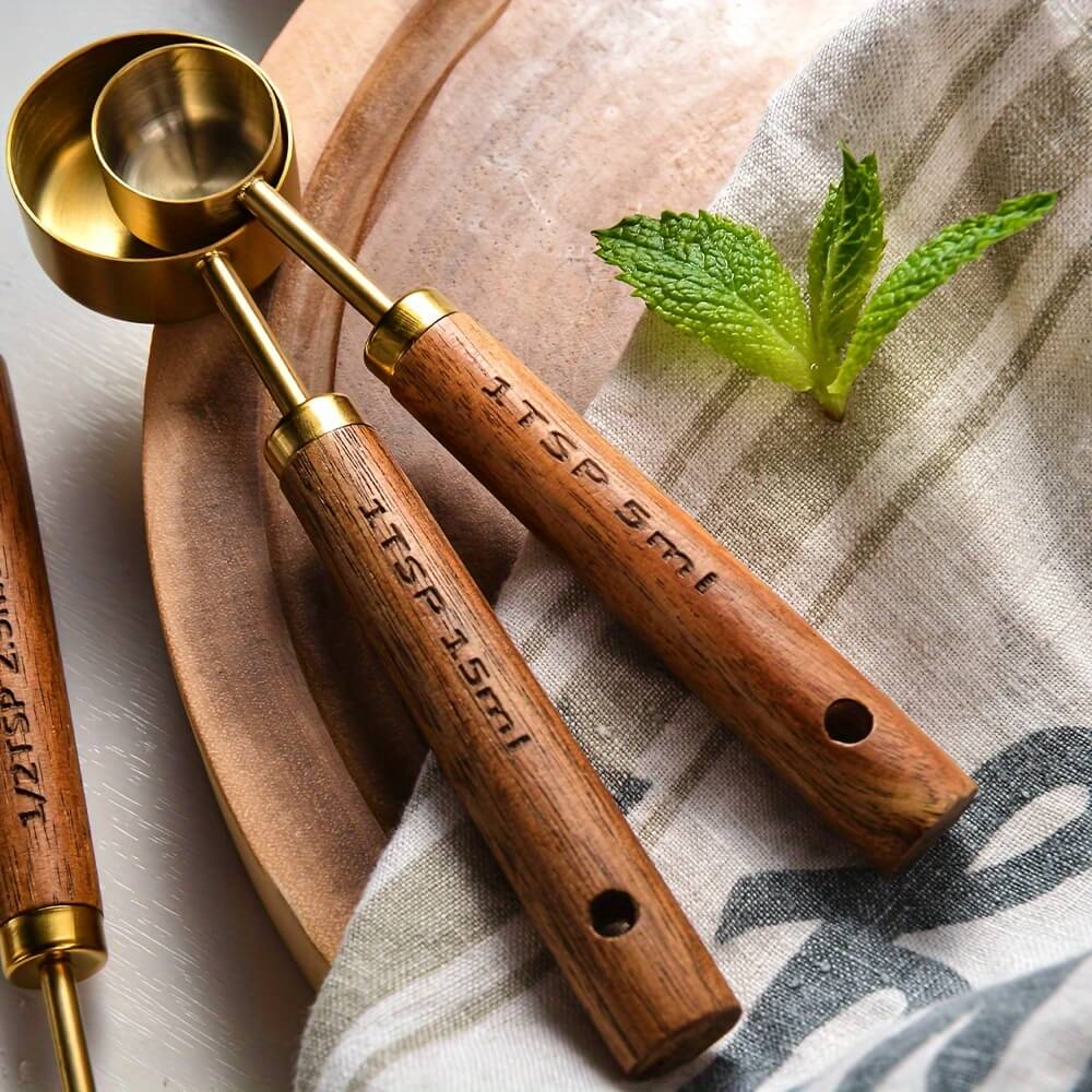 Rustic Wood and Brass Measuring Spoon Set