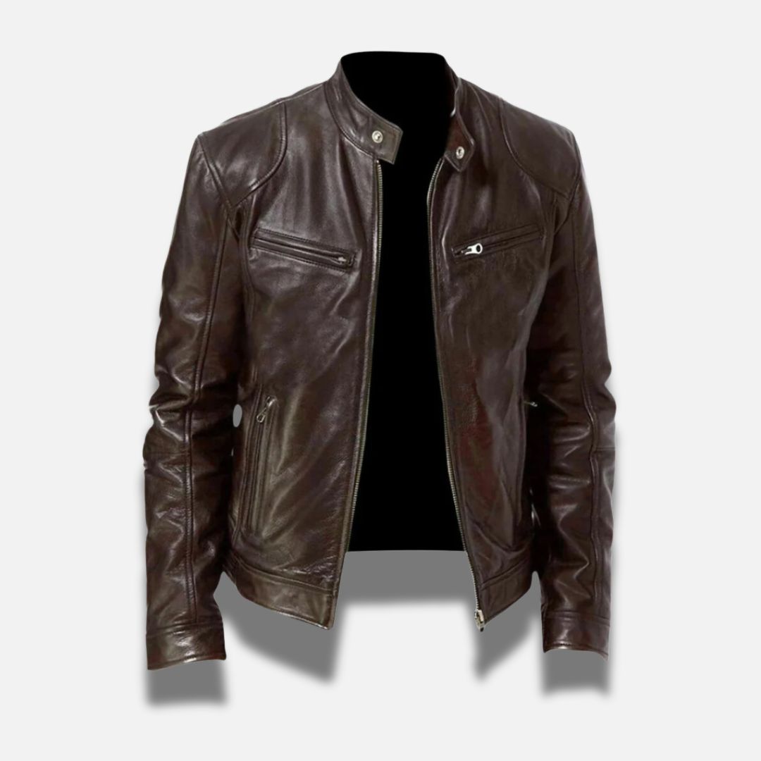 Oscar Slim Fit Racer Jacket | Band Collar Zipper Pockets Racer Jacket